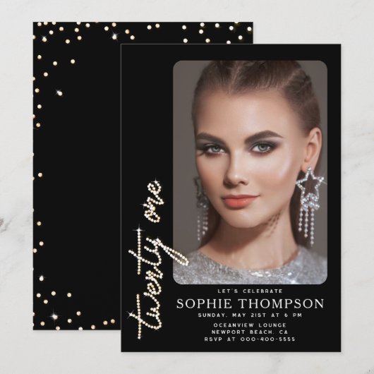Invitation Glam Rhinestones Black White Photo 21e anniversair (Devant / Derrière)