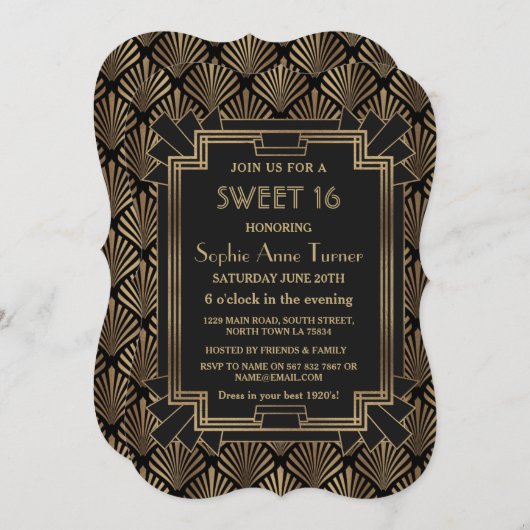 Invitation Glam Roaring 20's Great Gatsby Art Déco SWEET 16 (Devant / Derrière)