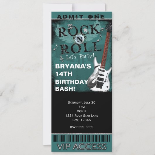 Invitation Glam Rock N Roll Star Billet d'anniversaire VIP Pa (Devant)