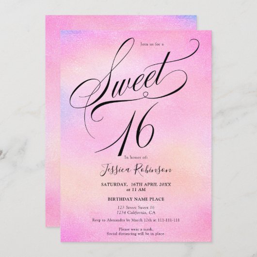 Invitation Glam rose arc-en-ciel holographique script chic Sw (Devant / Derrière)