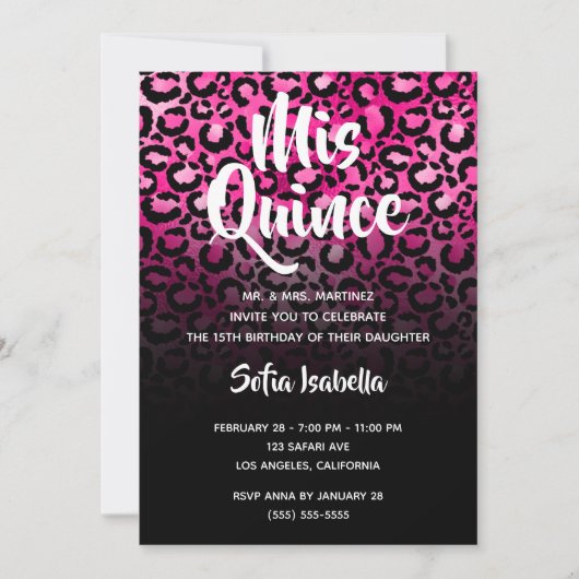 Invitation Glam Rose Chaud Leopard Spots Ombre Noir Mis Quinc (Devant)