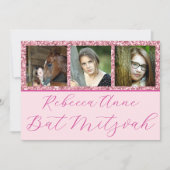 Invitation Glam Rose Élégant Script 3 Photo Bar Mitzvah (Devant)