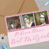 Invitation Glam Rose Élégant Script 3 Photo Bar Mitzvah