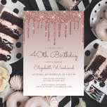 Invitation Glam Rose Gold 40th Birthday Party<br><div class="desc">Cette invitation branchée de 40e anniversaire présente une bordure brillante rose or faux parties scintillant et ombre arrière - plan. Les mots "40e anniversaire" et le nom de l'invité d'honneur apparaissent dans un script décontracté d'écriture rose foncé, le reste du texte personnalisable dans la police sans serif. Le même design...</div>