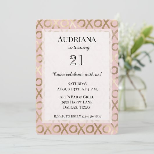 Invitation Glam Rose Gold Blush XOXO Anniversaire (Debout devant)
