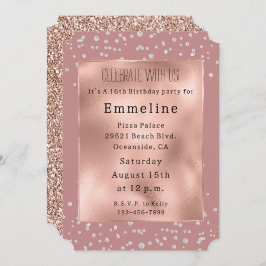 Invitation Glam Rose Gold Diamants blancs (Devant / Derrière)