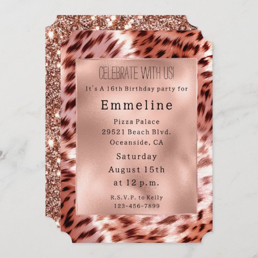 Invitation Glam Rose Gold Fur Leopard (Devant / Derrière)