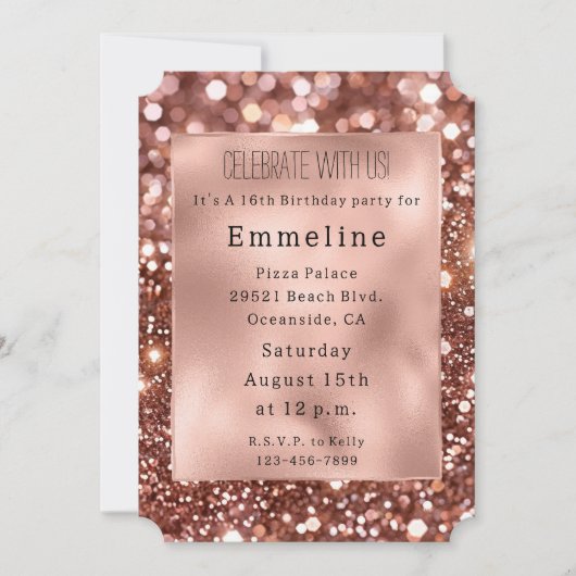 Invitation Glam Rose Gold Parties scintillant 16e anniversair (Devant)