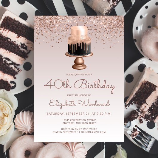 Invitation Glam Rose Gold Parties scintillant gâteau 40e fête