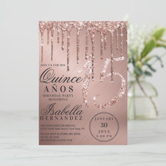 Invitation Glam Rose Gold Parties scintillant métallique perc (Debout devant)