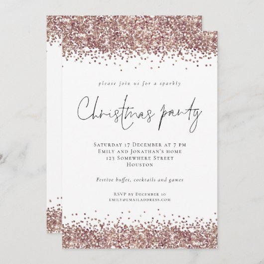 Invitation Glam Rose Gold Parties scintillant Noël (Devant / Derrière)