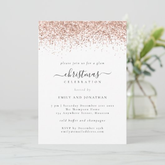 Invitation Glam Rose Gold Parties scintillant Noël Blanc (Debout devant)