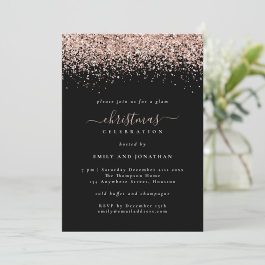 Invitation Glam Rose Gold Parties scintillant Noël Fête Black (Debout devant)