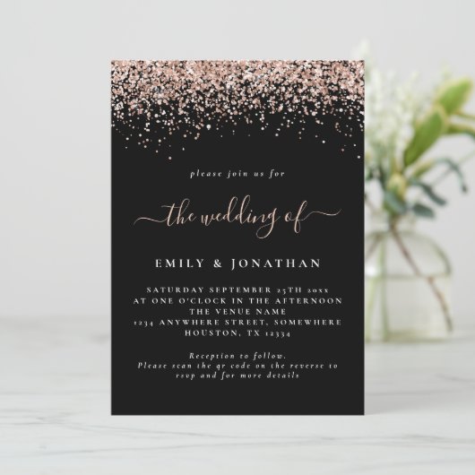 Invitation Glam Rose Gold Parties scintillant QR Code Mariage (Debout devant)