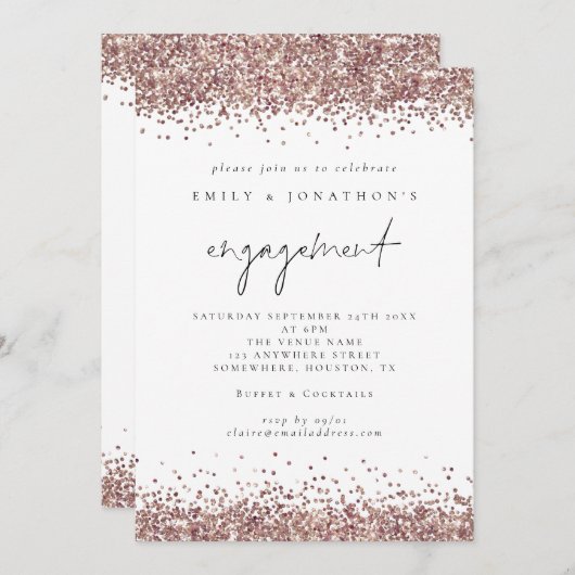 Invitation Glam Rose Gold Parties scintillant Script Engageme (Devant / Derrière)