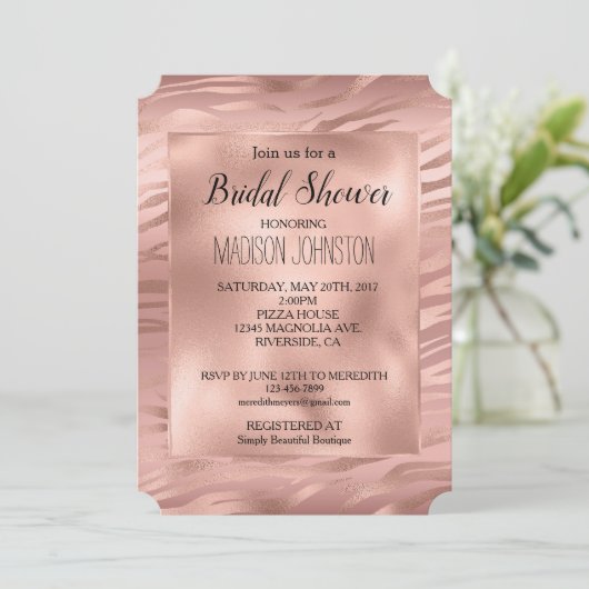 Invitation Glam Rose Gold Zebra Parties scintillant (Debout devant)