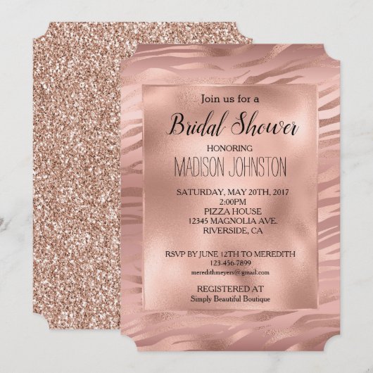 Invitation Glam Rose Gold Zèbre Pailleté (Devant / Derrière)