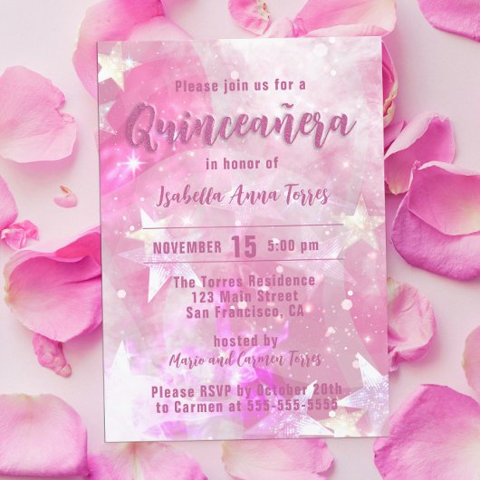 Invitation Glam rose moderne étincelant Starry Quinceañera