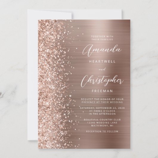 Invitation Glam Rose or brossé métal Mariage de code QR (Devant)