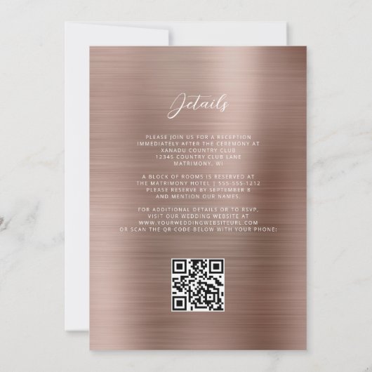 Invitation Glam Rose or brossé métal Mariage de code QR (Dos)