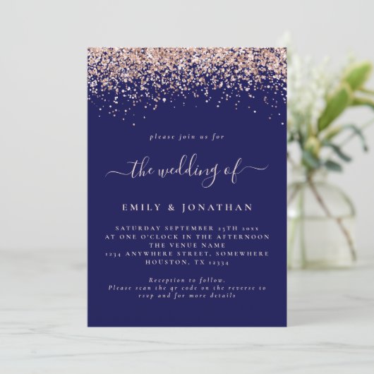 Invitation Glam Rose Parties scintillant or QR Code Marine Bl (Debout devant)