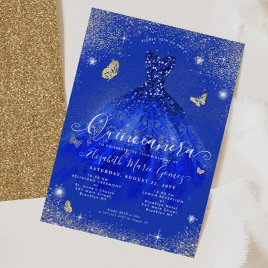 Invitation Glam Royal Blue Gold Parties scintillant Gown Quin