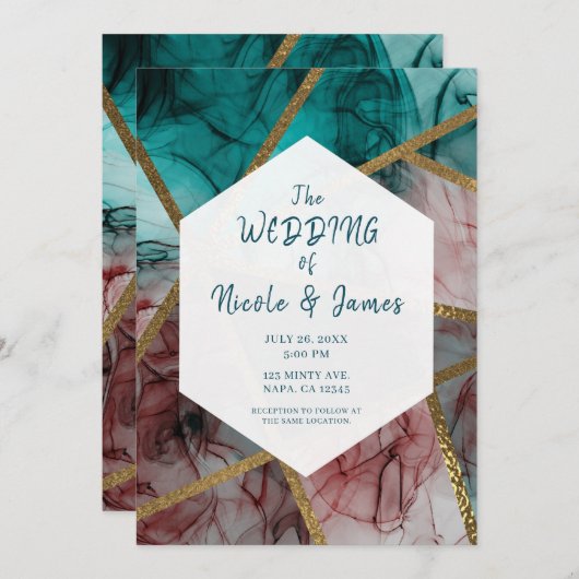 Invitation Glam Rust Blush Turquoise & Gold Chic Mariage mode (Devant / Derrière)