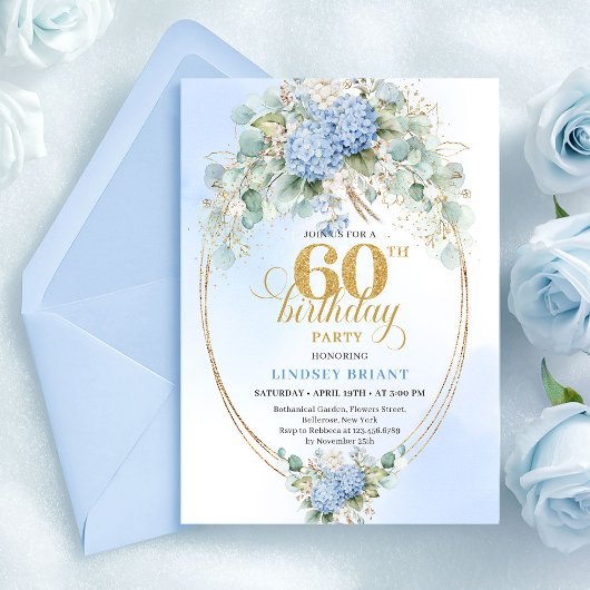 Invitation Glam Rustic Soft Blue Flowers Gold 60th Birthday