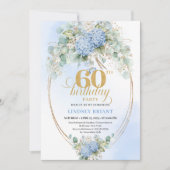 Invitation Glam Rustique Fleurs Bleu Soft Or 60e Anniversaire (Devant)