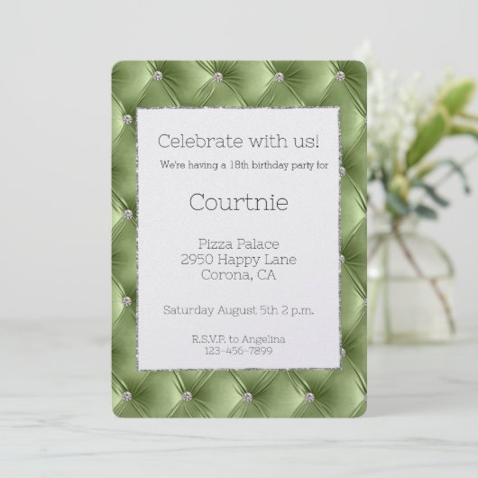 Invitation Glam Sage Green Argent Faux Velvet Anniversaire (Debout devant)