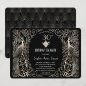 Invitation Glam Silver Art Déco Peacocks Anniversaire Tea Par (Devant / Derrière)