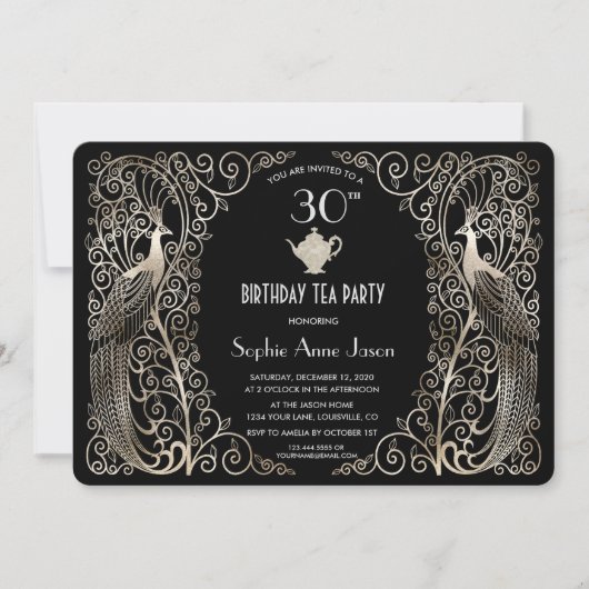 Invitation Glam Silver Art Déco Peacocks Anniversaire Tea Par (Devant)