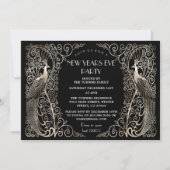 Invitation Glam Silver Art Déco Peacocks Nouvel An Réveillon (Devant)