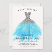 Invitation Glam Silver Blue Sparkle robe sucré 16e anniversai (Devant)