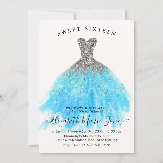 Invitation Glam Silver Blue Sparkle robe sucré 16e anniversai (Devant)