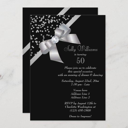Invitation Glam Silver Confetti & Jewel Bow 50e anniversaire (Devant / Derrière)