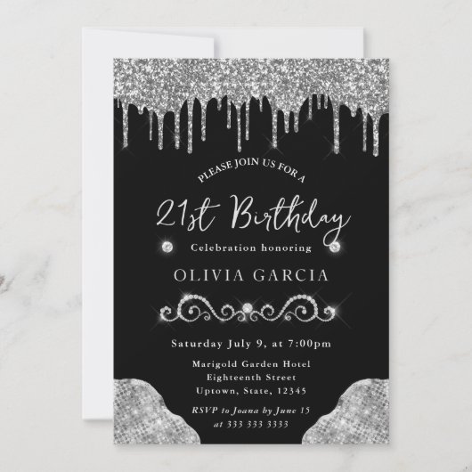 Invitation Glam Silver Dripping Parties scintillant 21e anniv (Devant)