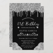 Invitation Glam Silver Dripping Parties scintillant 21e anniv (Devant / Derrière)
