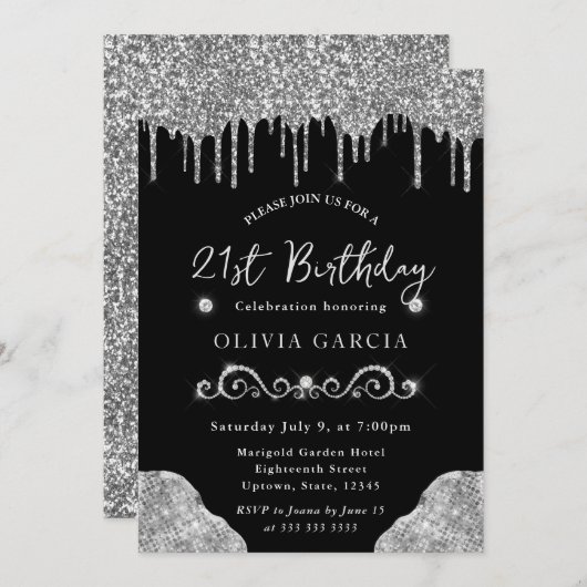 Invitation Glam Silver Dripping Parties scintillant 21e anniv (Devant / Derrière)