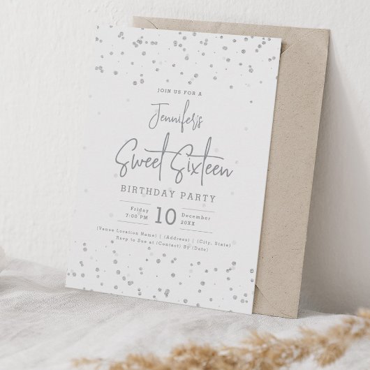 Invitation Glam Silver Faux Foil Dots Sweet 16 Party