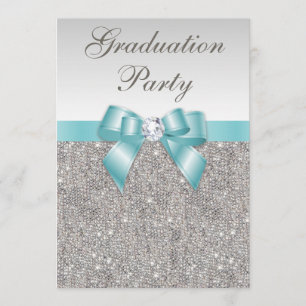 Invitation Glam Silver Jewels Turquoise Bow Girls Graduation