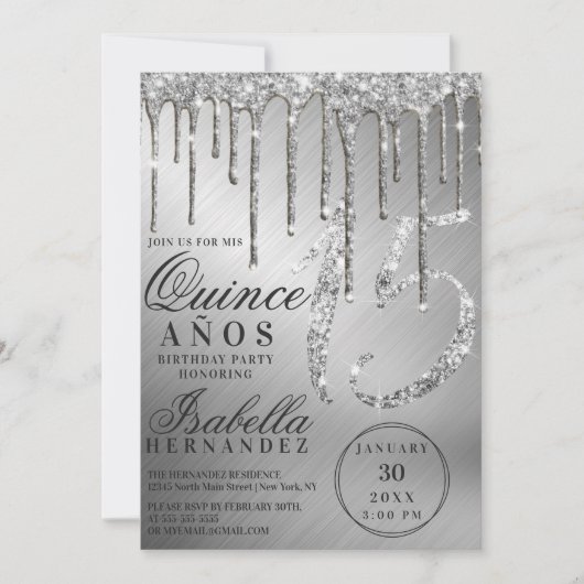 Invitation Glam Silver Parties scintillant métalliques Quince (Devant)