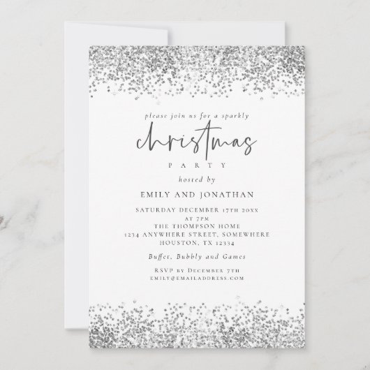 Invitation Glam Silver Parties scintillant Noël Noir Blanc (Devant)