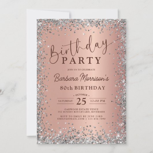 Invitation Glam Silver Rose Gold Glitter 80th Birthday (Devant)