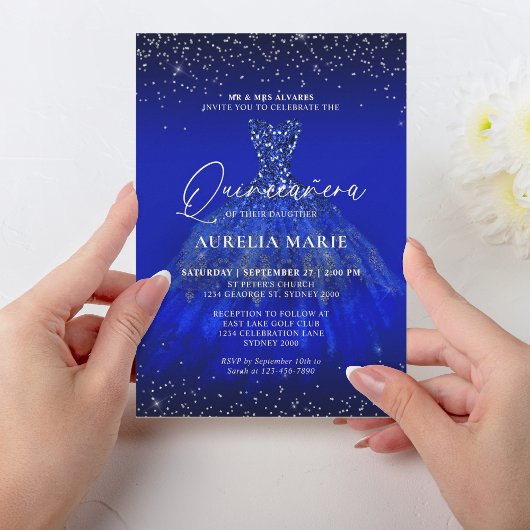 Invitation Glam Silver Royal Blue Princess Robe Quinceanera