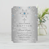 Invitation Glam Silver Snowflakes Crystal Blue Pearls Baptême (Debout devant)