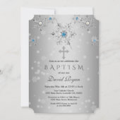 Invitation Glam Silver Snowflakes Crystal Blue Pearls Baptême (Devant)
