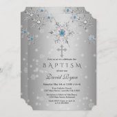 Invitation Glam Silver Snowflakes Crystal Blue Pearls Baptême (Devant / Derrière)