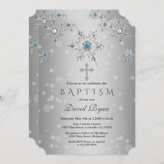 Invitation Glam Silver Snowflakes Crystal Blue Pearls Baptême (Devant / Derrière)