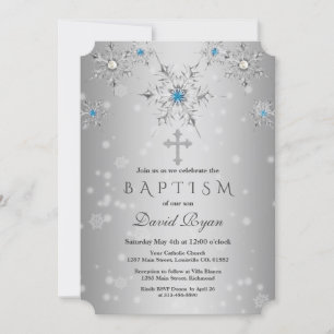 Invitation Glam Silver Snowflakes Crystal Blue Pearls Baptême